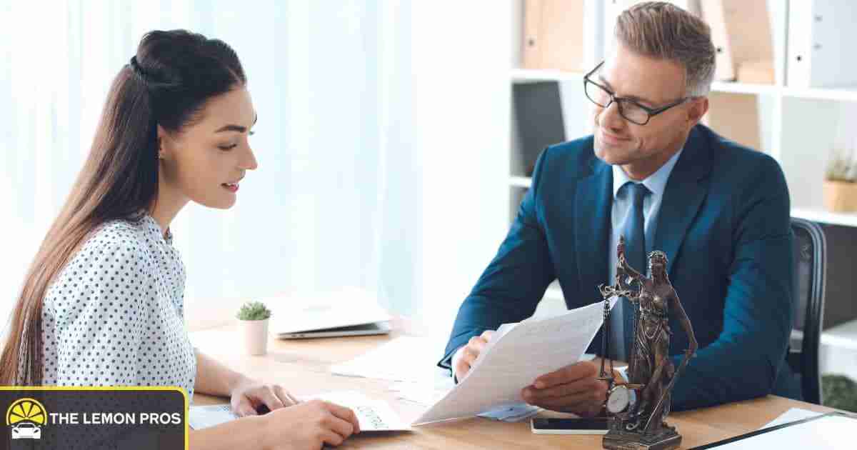 Lemon law attorney reviewing case documents with a client during a legal consultation